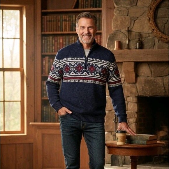 IZOD Sweater Men L 1/4 Zip Fair Isle Nordic Pullover Ski Navy Blue Preppy Chunky - Picture 2 of 16